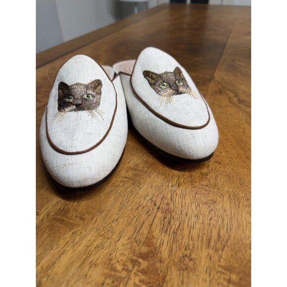 New Journey West Women’s 8.5 Kitty Cat Embroidery Belgian Loafers Flats Beige - Picture 4 of 7